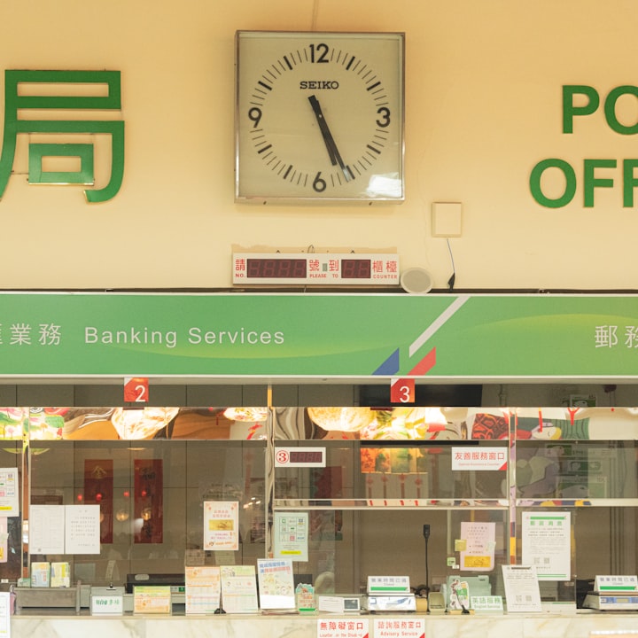 Public service counter with numbered windows